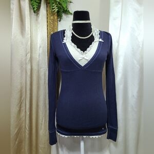 ♡ Y2K ♡ Abercrombie Navy Blue Empire Waist V Neck Babydoll Top Floral Tie